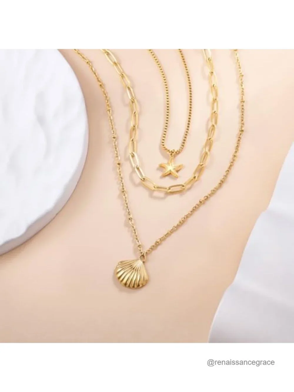 14K Gold Plated Starfish Seashell Layered Necklace Stack for Women